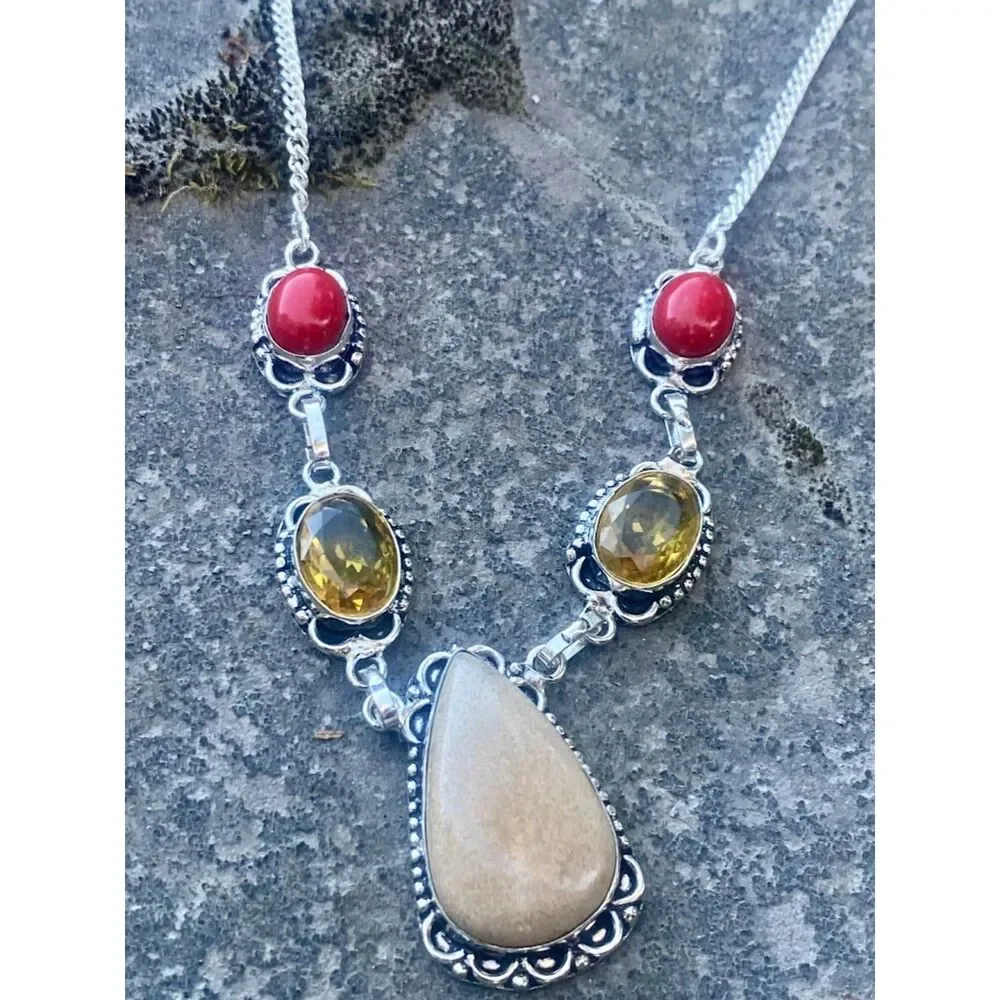Earthy southwestern boho artisan made jasper coral citrine necklace